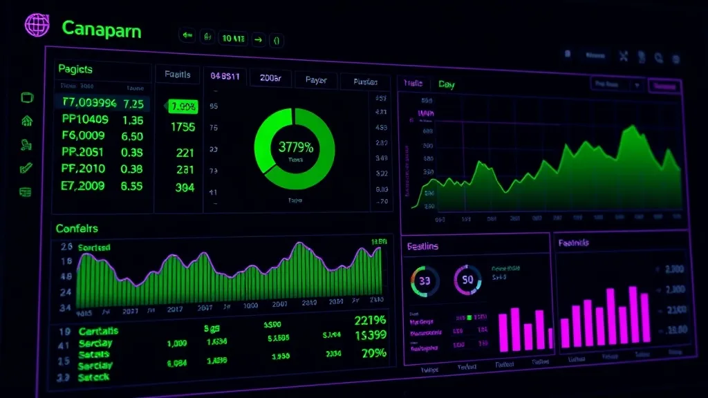 A futuristic, dark, high-contrast dashboard showing financia