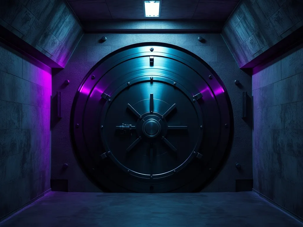 A dark, moody cinematic wide shot of a massive steel bank va