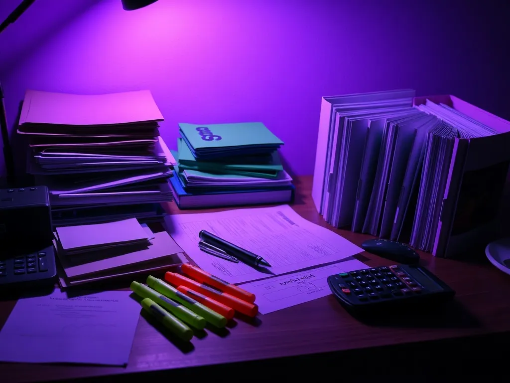 A messy desk with highlighters, legal folders, and a calcula