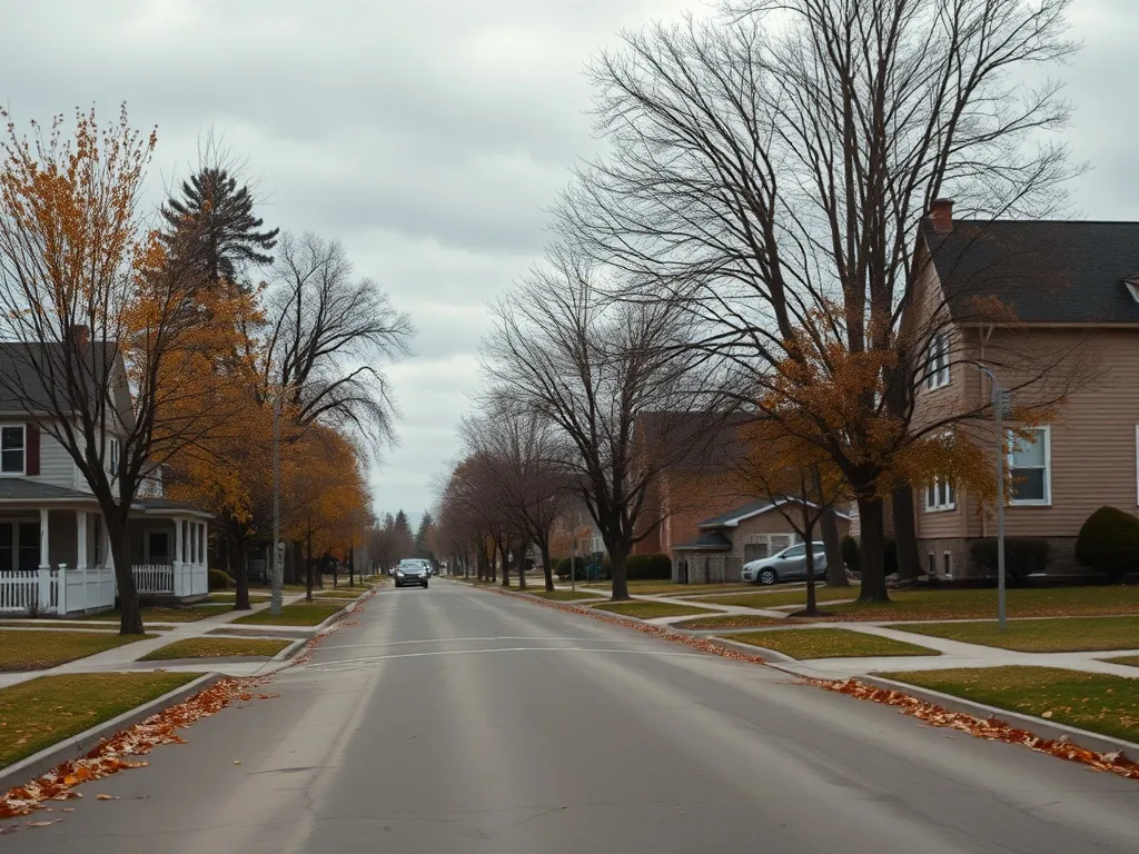 A gritty, realistic wide-angle shot of a suburban street in